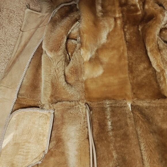 Leder Fischer Shearling Coat Womens Small Tan Suede Hooded Fur Trim Belted Long - Picture 14 of 16